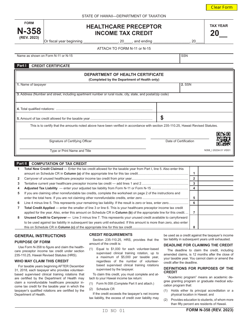 Form N-358 Healthcare Preceptor Income Tax Credit - Hawaii, Page 1