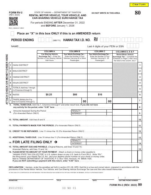 Form RV-2 Rental Motor Vehicle, Tour Vehicle, and Car-Sharing Vehicle Surcharge Tax - Hawaii