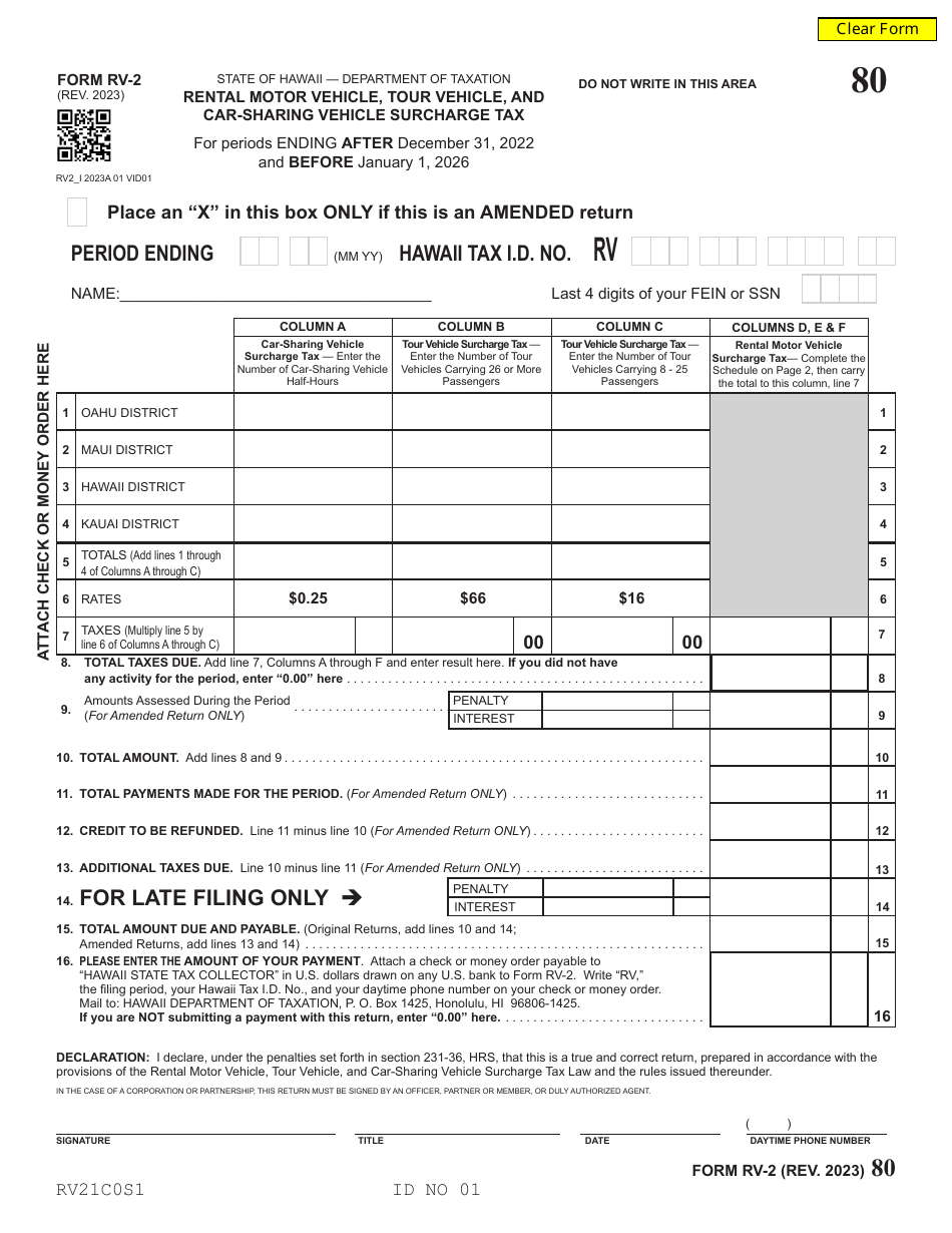 Form RV-2 Rental Motor Vehicle, Tour Vehicle, and Car-Sharing Vehicle Surcharge Tax - Hawaii, Page 1