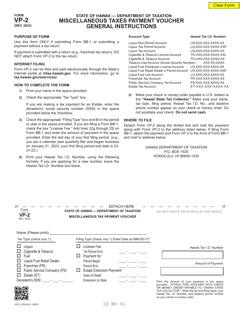 Form VP-2 Miscellaneous Taxes Payment Voucher - Hawaii, Page 1
