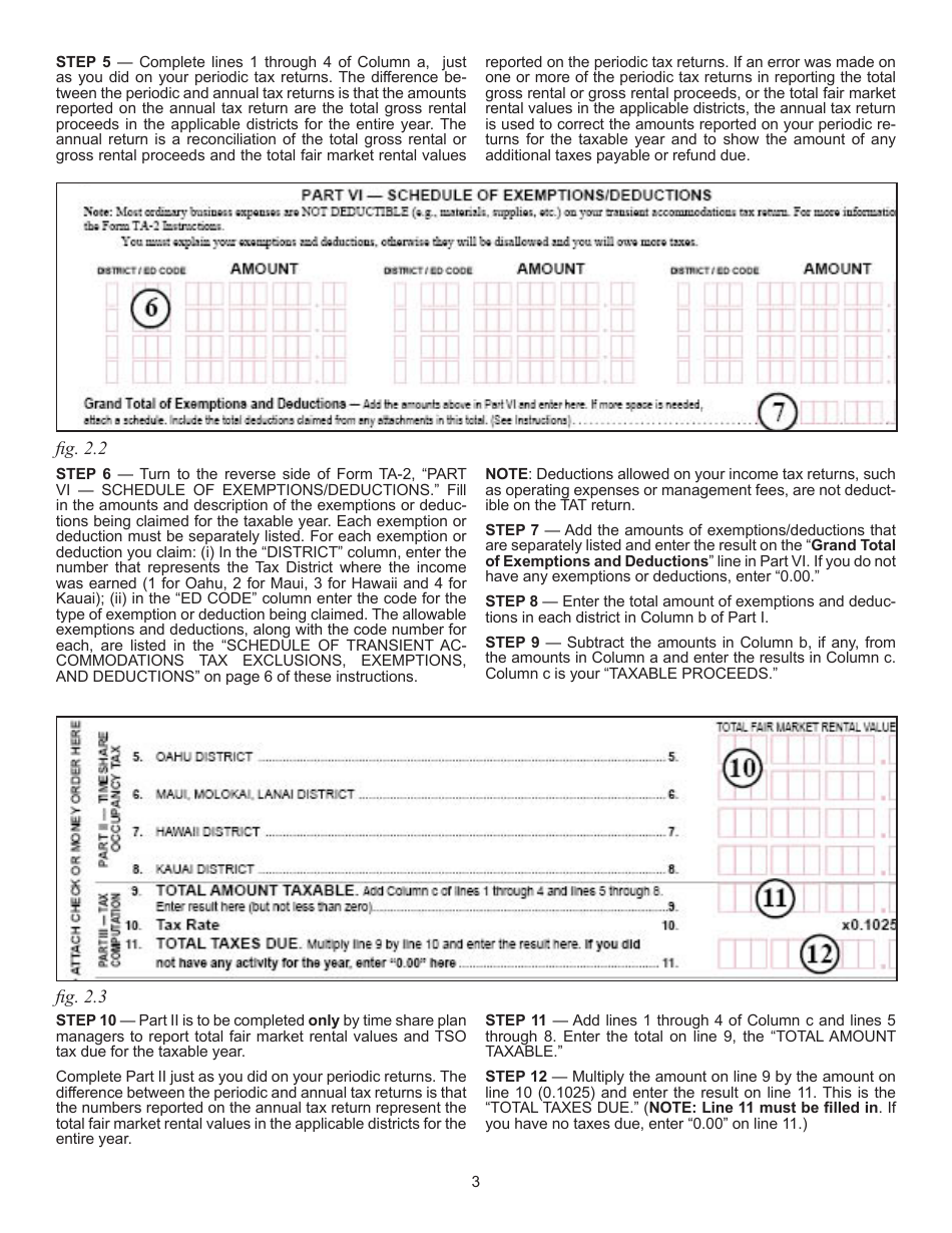 Instructions for Form TA-2 Transient Accommodations Tax Annual Return and Reconciliation - Hawaii, Page 3