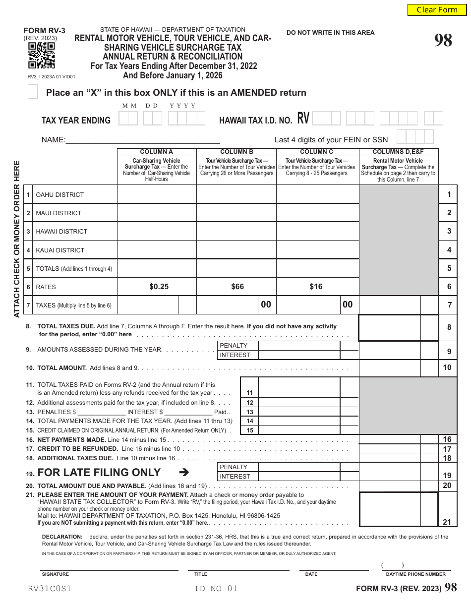 Form RV-3 Rental Motor Vehicle, Tour Vehicle, and Carsharing Vehicle Surcharge Tax Annual Return  Reconciliation - Hawaii, Page 1