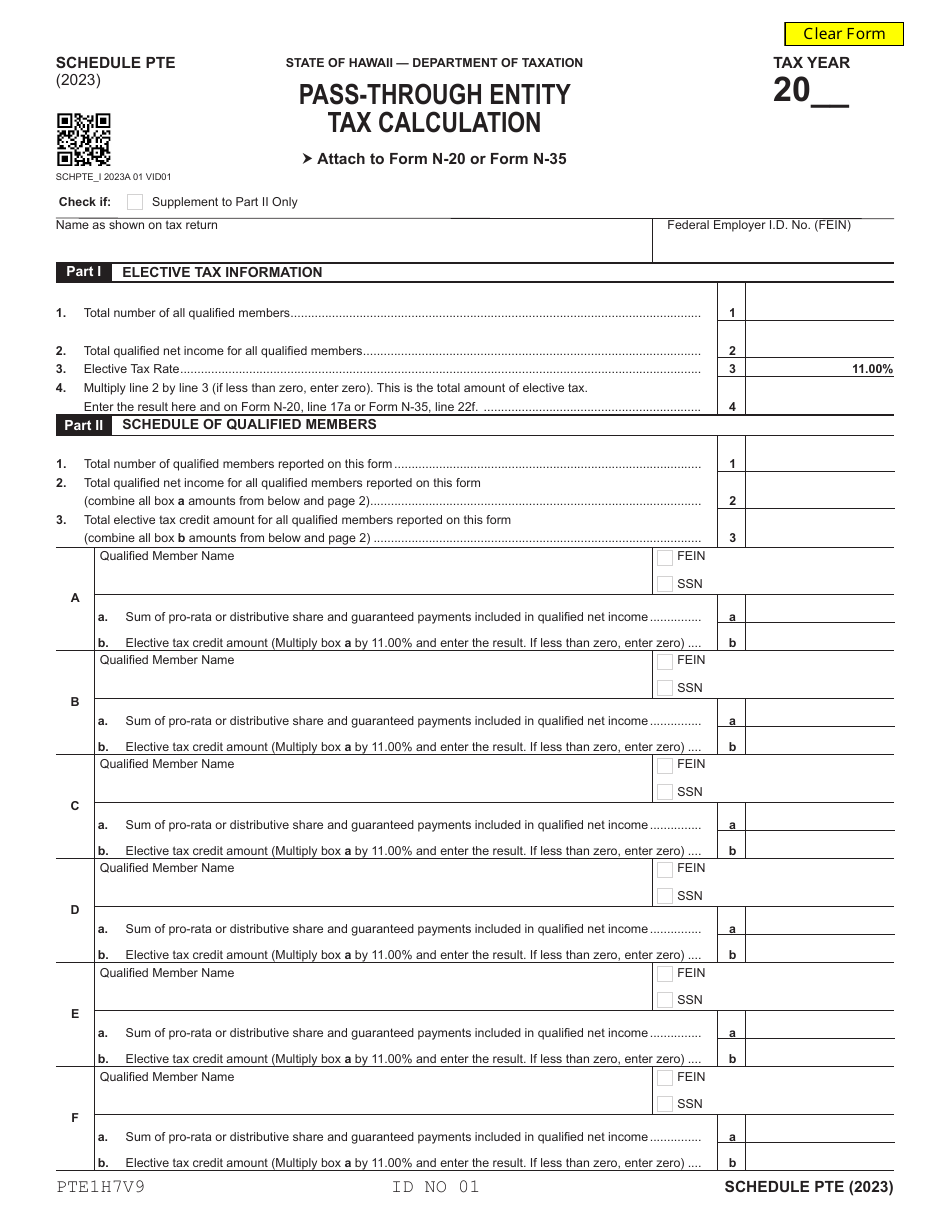 Schedule PTE Pass-Through Entity Tax Calculation - Hawaii, Page 1