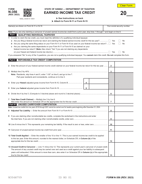 Form N-356 Earned Income Tax Credit - Hawaii