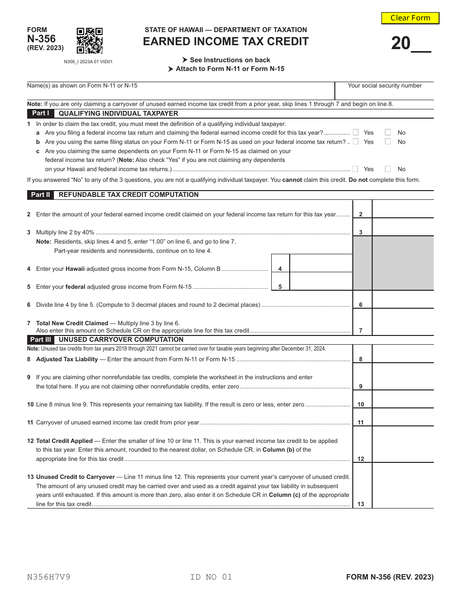 Form N-356 Earned Income Tax Credit - Hawaii, Page 1