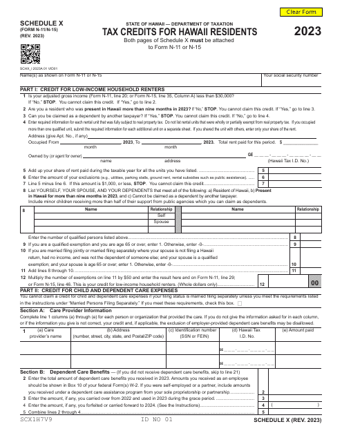 Form N-11 (N-15) Schedule X Tax Credits for Hawaii Residents - Hawaii, 2023