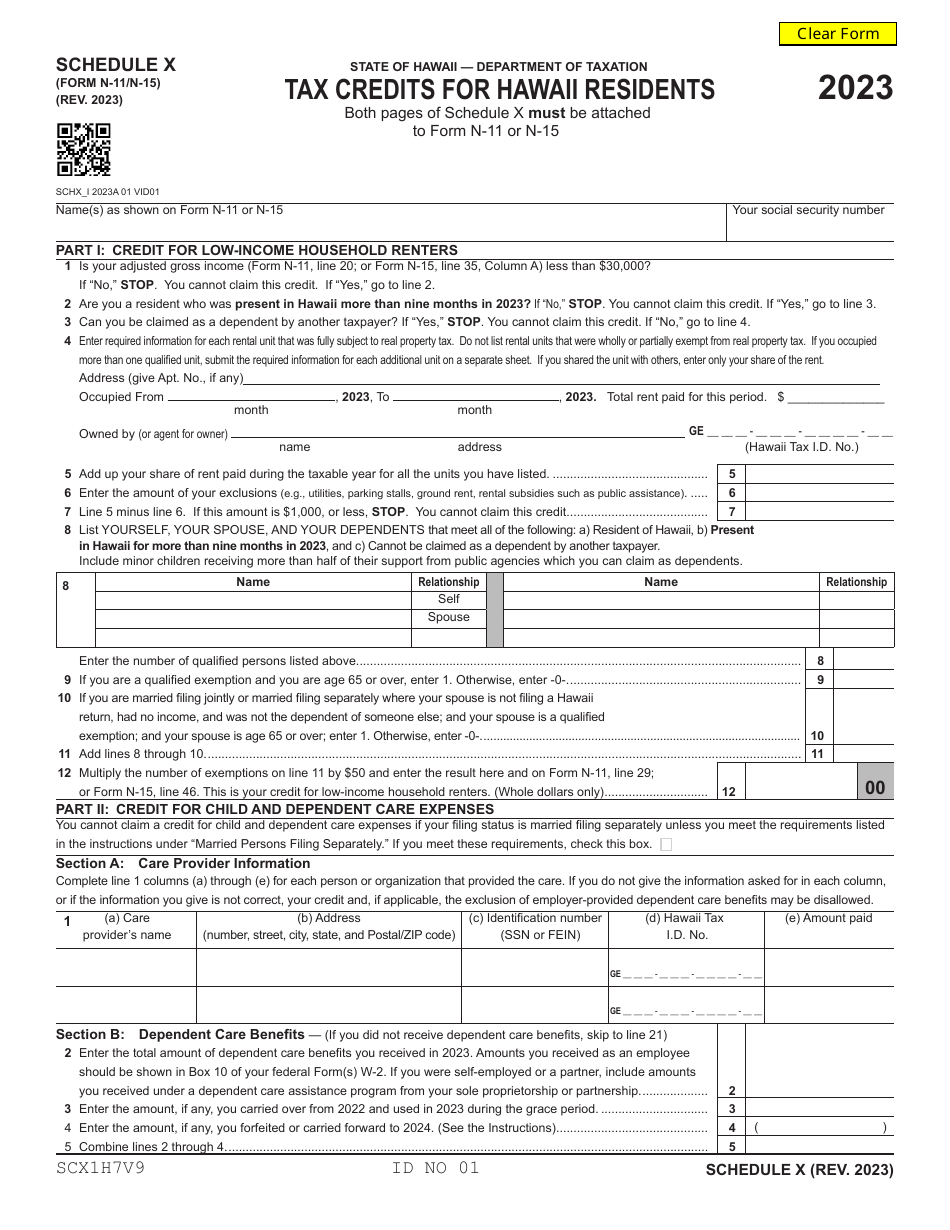 Form N-11 (N-15) Schedule X Tax Credits for Hawaii Residents - Hawaii, Page 1