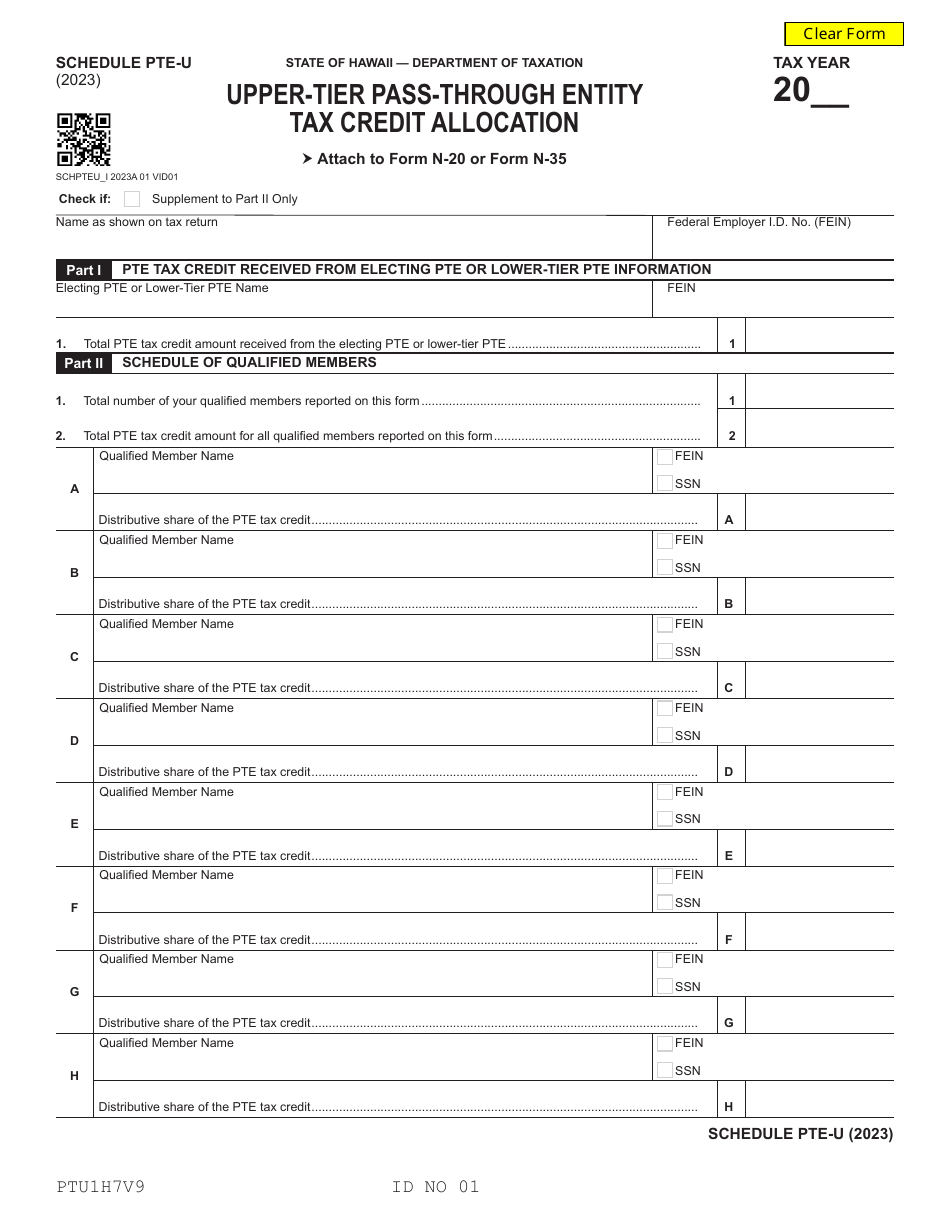 Schedule PTE-U Upper-Tier Pass-Through Entity Tax Credit Allocation - Hawaii, Page 1