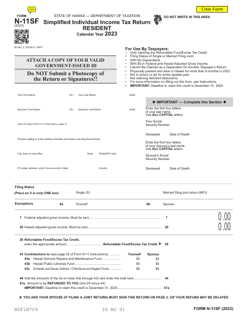 Form N-11SF Simplified Individual Income Tax Return - Resident - Hawaii, 2023