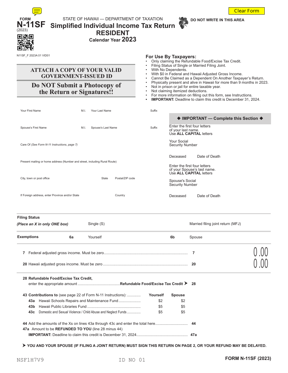 Form N-11SF Simplified Individual Income Tax Return - Resident - Hawaii, Page 1