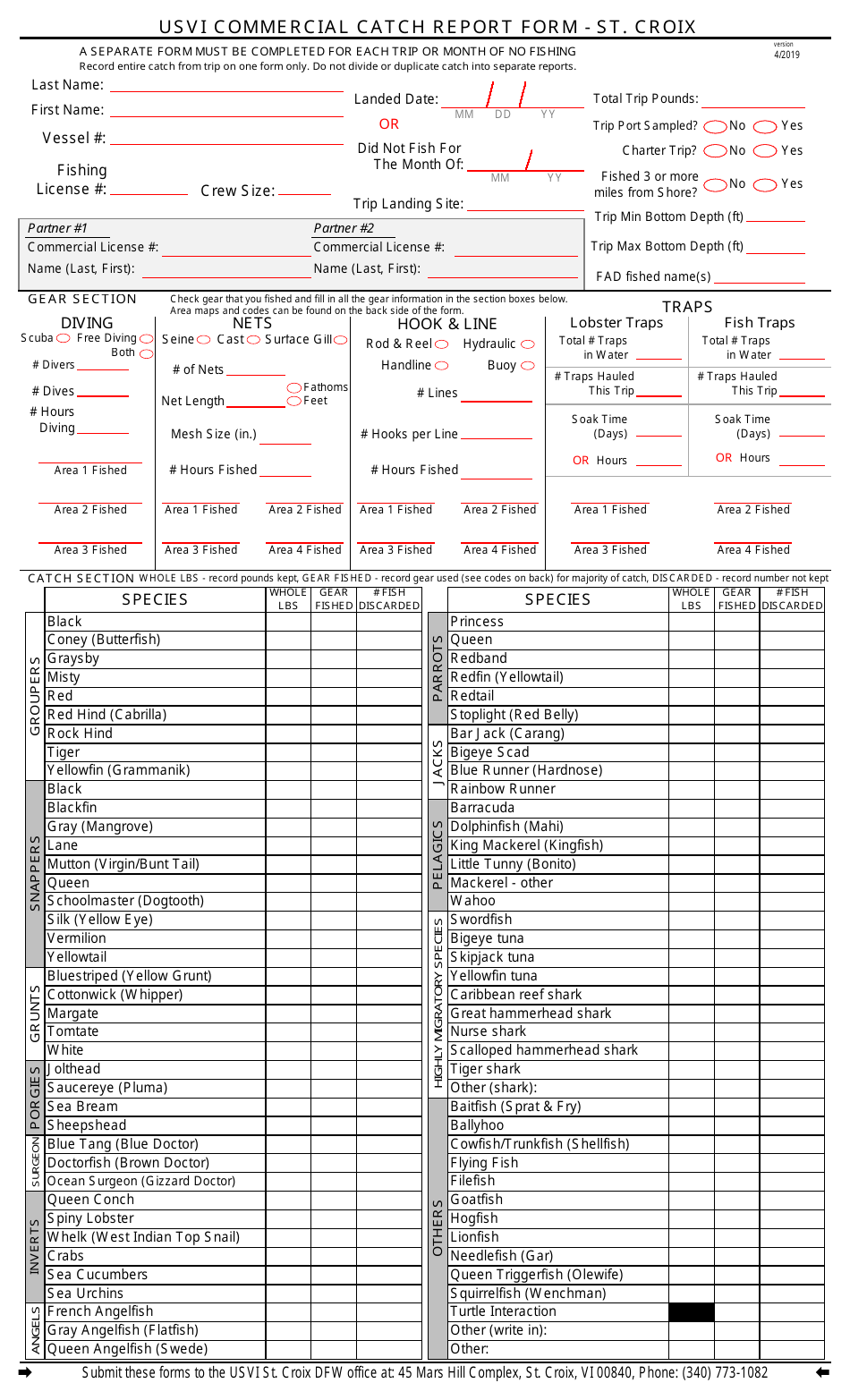 Usvi Commercial Catch Report Form - St. Croix - Virgin Islands, Page 1
