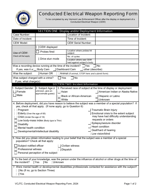 Conducted Electrical Weapon Reporting Form - Vermont Download Pdf