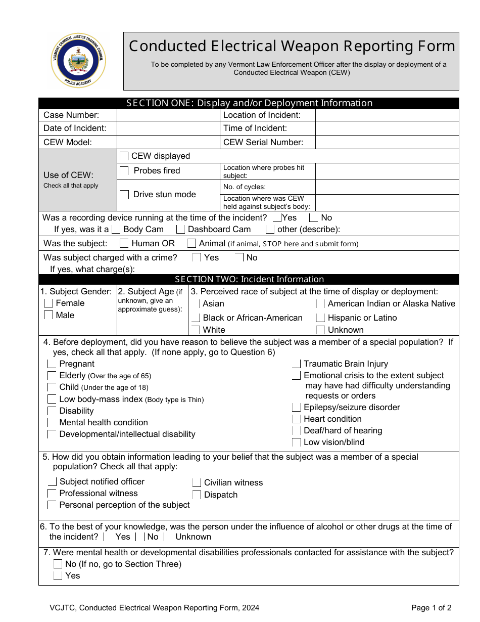 Conducted Electrical Weapon Reporting Form - Vermont, Page 1