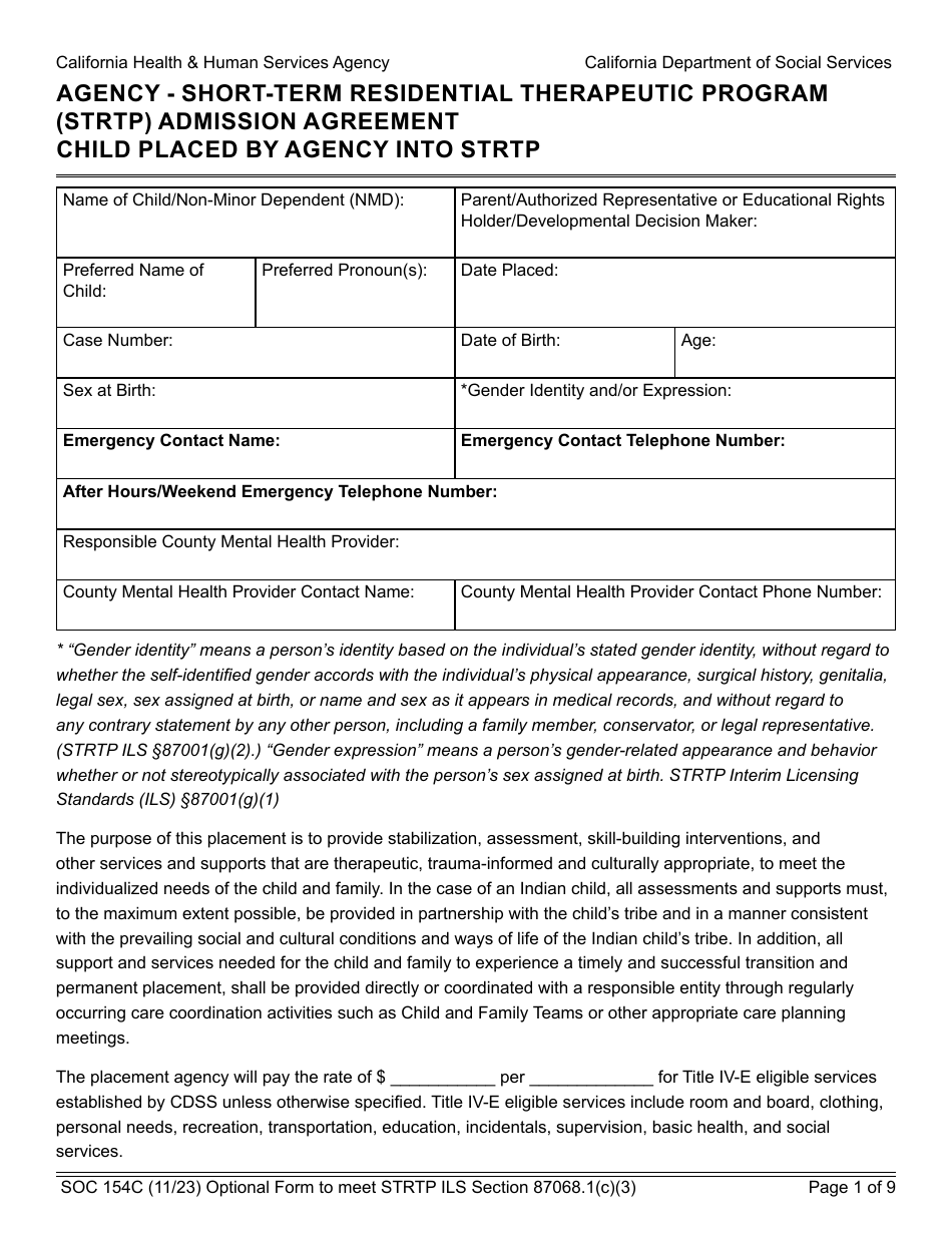 Form SOC154C Admission Agreement Child Placed by Agency Into Strtp - Agency - Short-Term Residential Therapeutic Program (Strtp) - California, Page 1