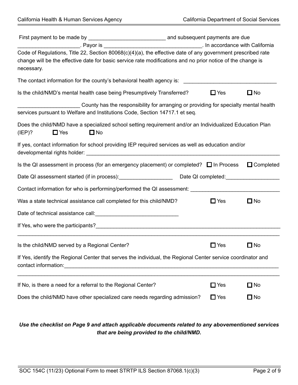 Form SOC154C Admission Agreement Child Placed by Agency Into Strtp - Agency - Short-Term Residential Therapeutic Program (Strtp) - California, Page 2