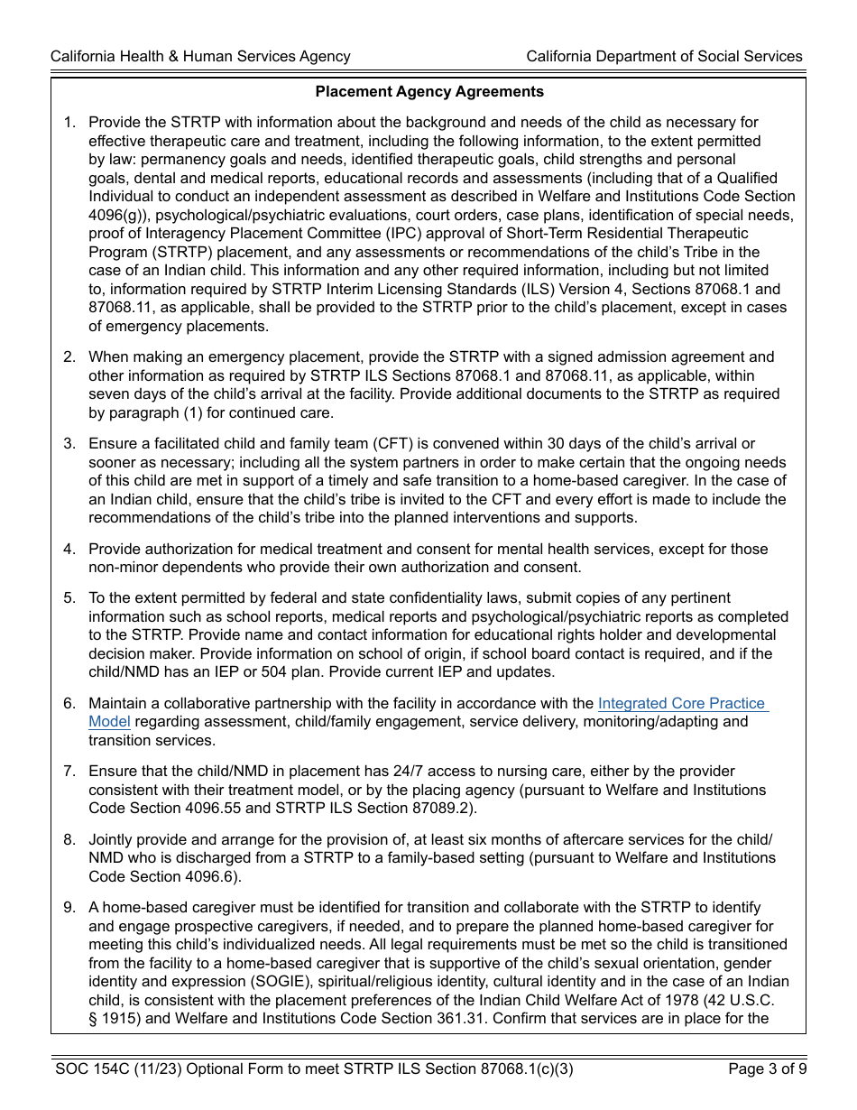 Form SOC154C Admission Agreement Child Placed by Agency Into Strtp - Agency - Short-Term Residential Therapeutic Program (Strtp) - California, Page 3