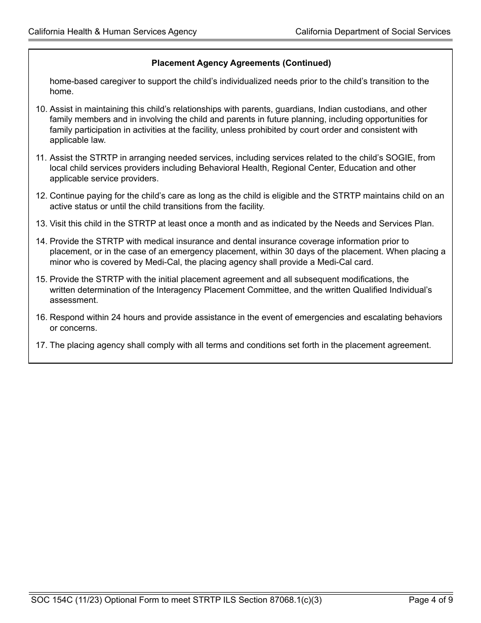 Form SOC154C Admission Agreement Child Placed by Agency Into Strtp - Agency - Short-Term Residential Therapeutic Program (Strtp) - California, Page 4