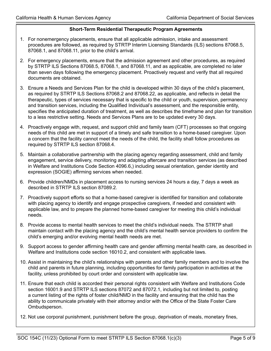 Form SOC154C Admission Agreement Child Placed by Agency Into Strtp - Agency - Short-Term Residential Therapeutic Program (Strtp) - California, Page 5