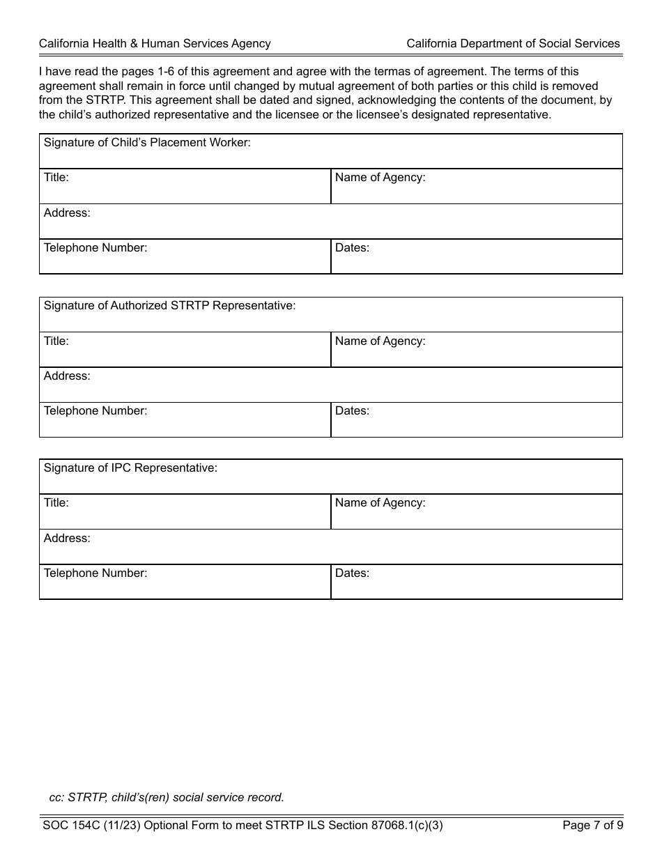 Form SOC154C Admission Agreement Child Placed by Agency Into Strtp - Agency - Short-Term Residential Therapeutic Program (Strtp) - California, Page 7