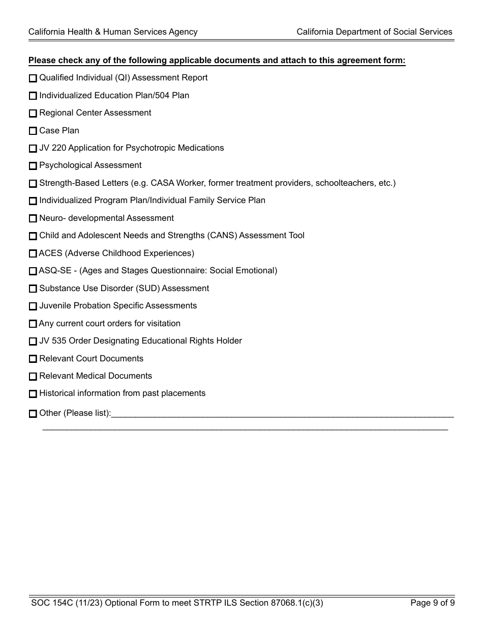 Form SOC154C Admission Agreement Child Placed by Agency Into Strtp - Agency - Short-Term Residential Therapeutic Program (Strtp) - California, Page 9