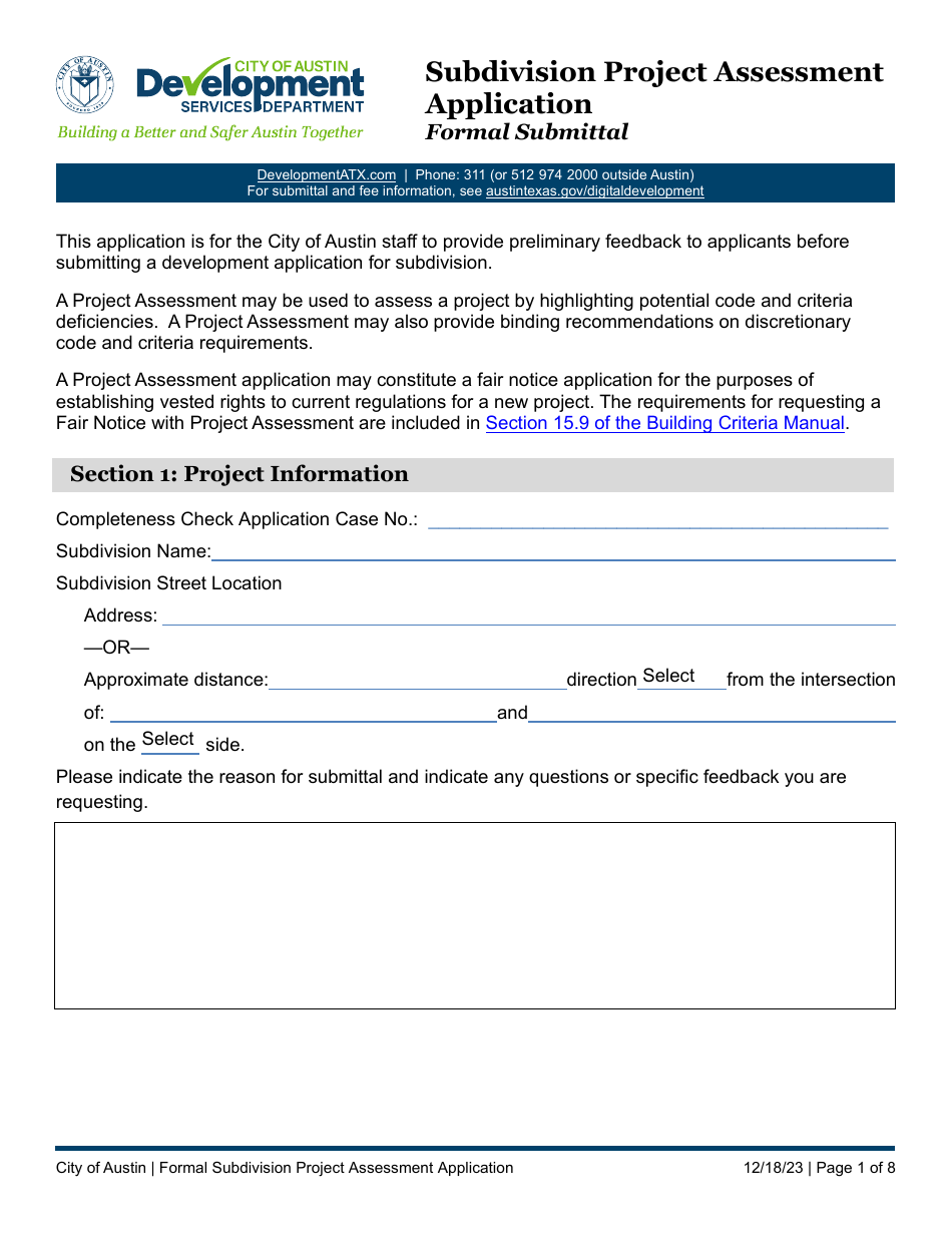 Subdivision Project Assessment Application - Formal Submittal - City of Austin, Texas, Page 1