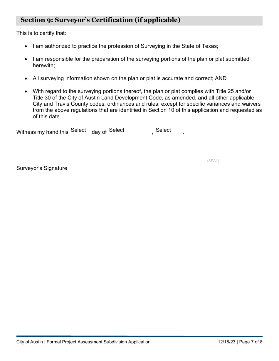 Subdivision Project Assessment Application - Formal Submittal - City of Austin, Texas, Page 7
