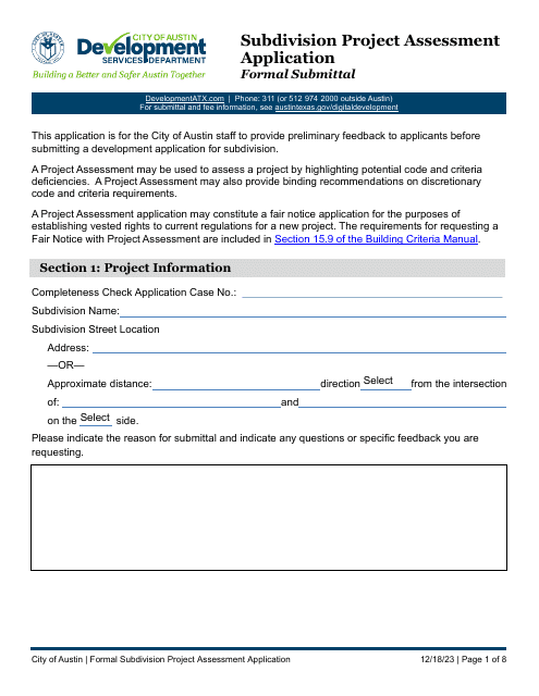 Subdivision Project Assessment Application - Formal Submittal - City of Austin, Texas Download Pdf