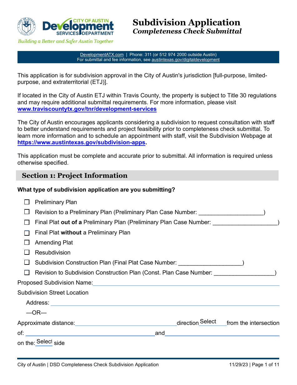 Subdivision Application - Completeness Check Submittal - City of Austin, Texas, Page 1