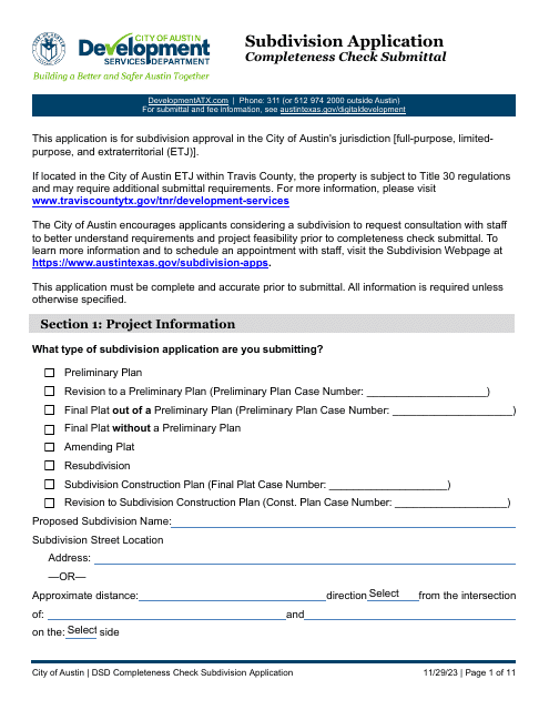 Subdivision Application - Completeness Check Submittal - City of Austin, Texas Download Pdf