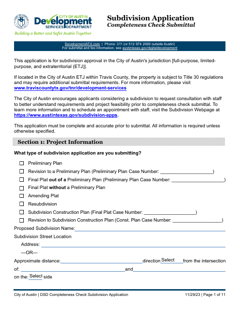 Subdivision Application - Completeness Check Submittal - City of Austin, Texas