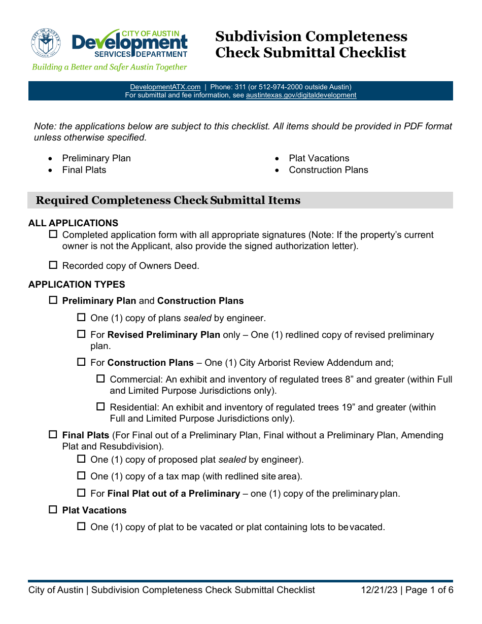 Subdivision Completeness Check Submittal Checklist - City of Austin, Texas, Page 1