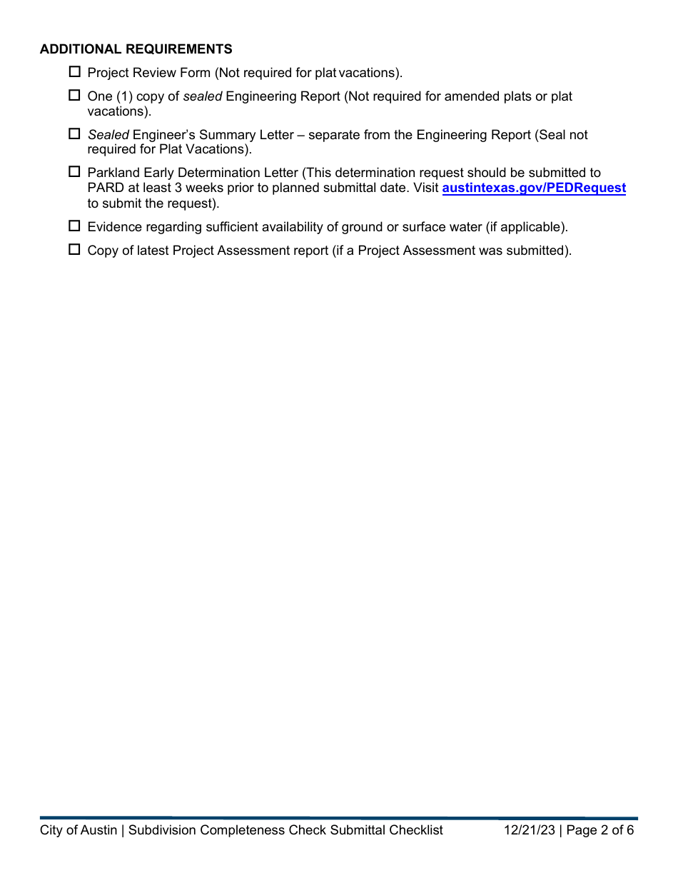Subdivision Completeness Check Submittal Checklist - City of Austin, Texas, Page 2