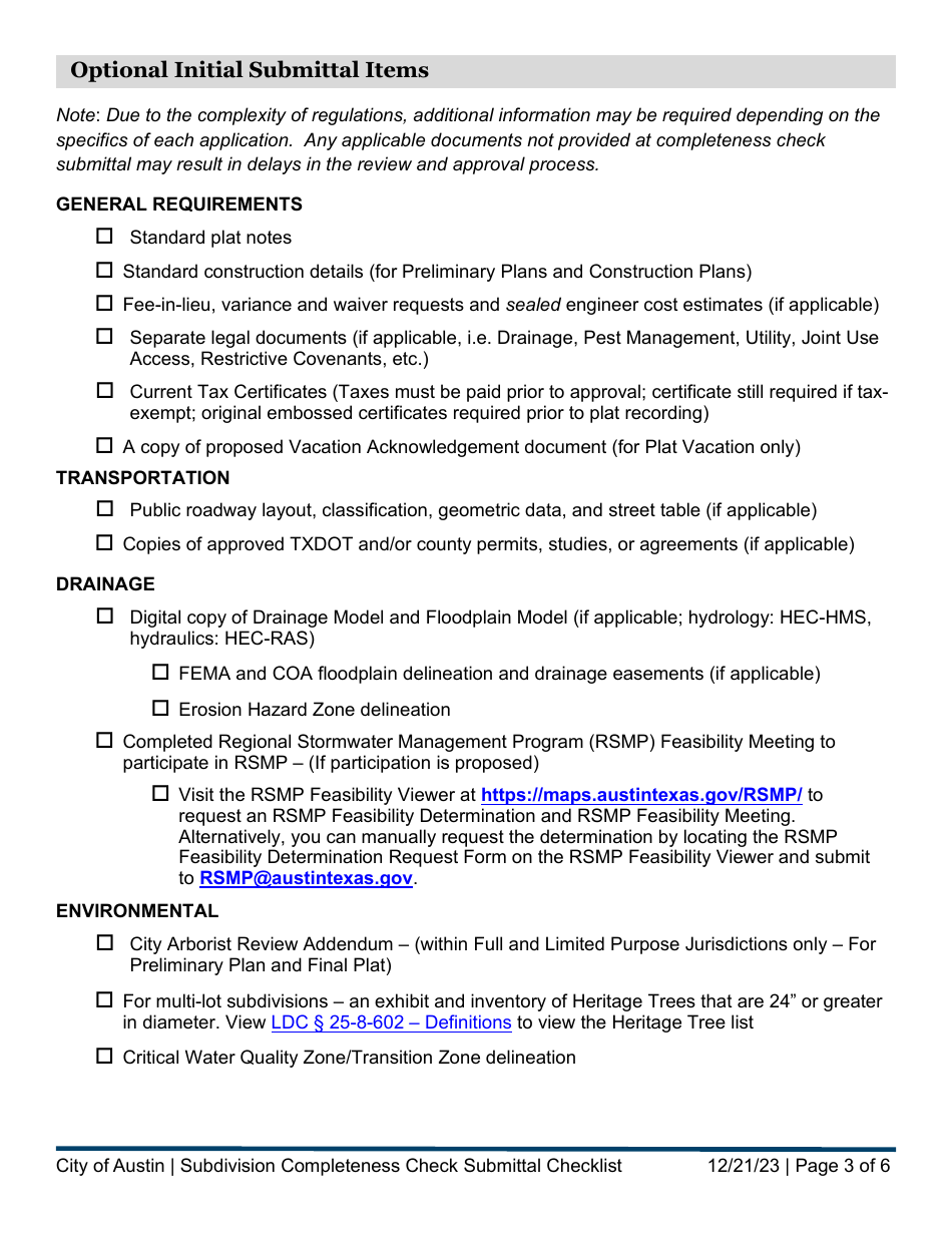 Subdivision Completeness Check Submittal Checklist - City of Austin, Texas, Page 3