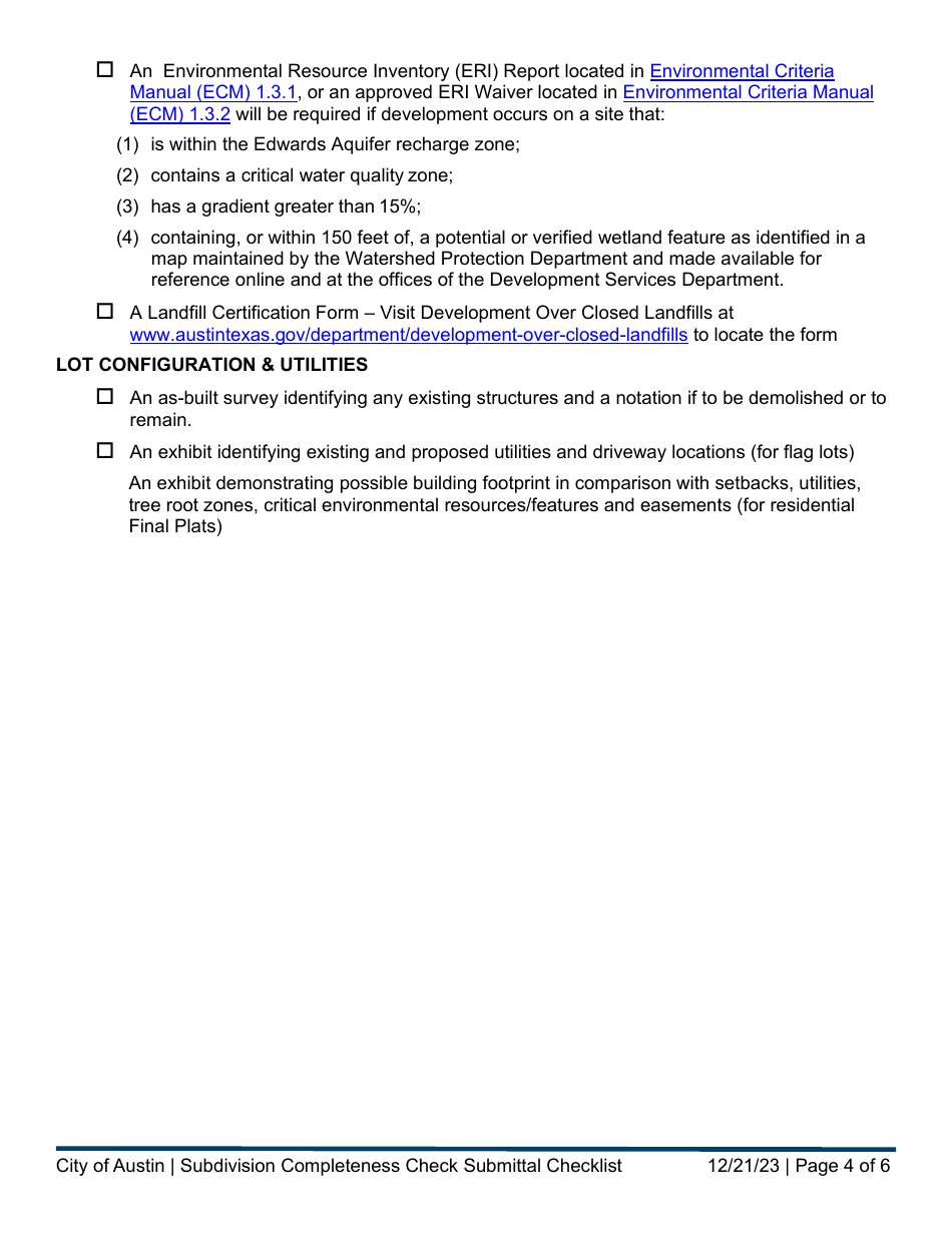 Subdivision Completeness Check Submittal Checklist - City of Austin, Texas, Page 4