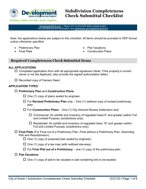 Subdivision Completeness Check Submittal Checklist - City of Austin, Texas Download Pdf