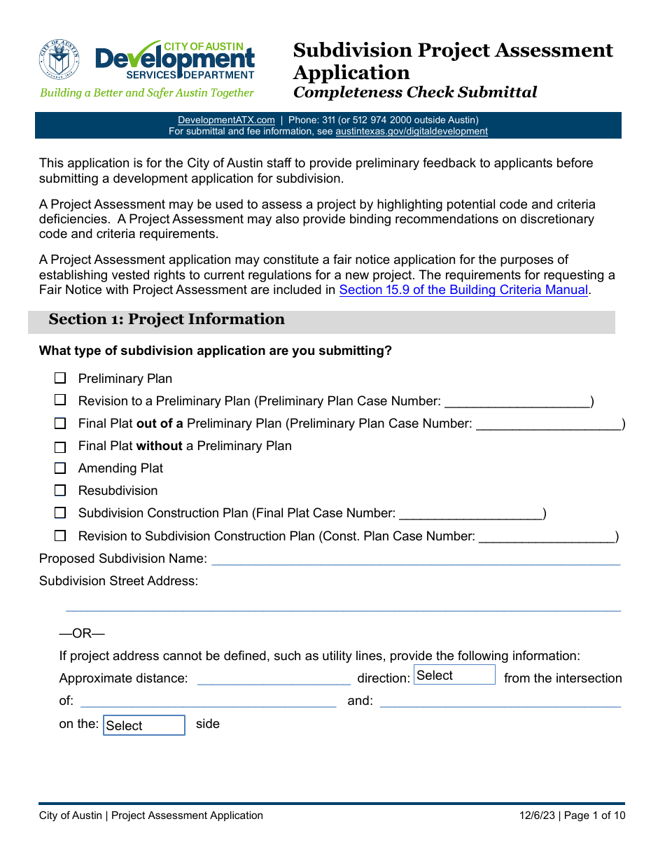Subdivision Project Assessment Application - Completeness Check Submittal - City of Austin, Texas, Page 1