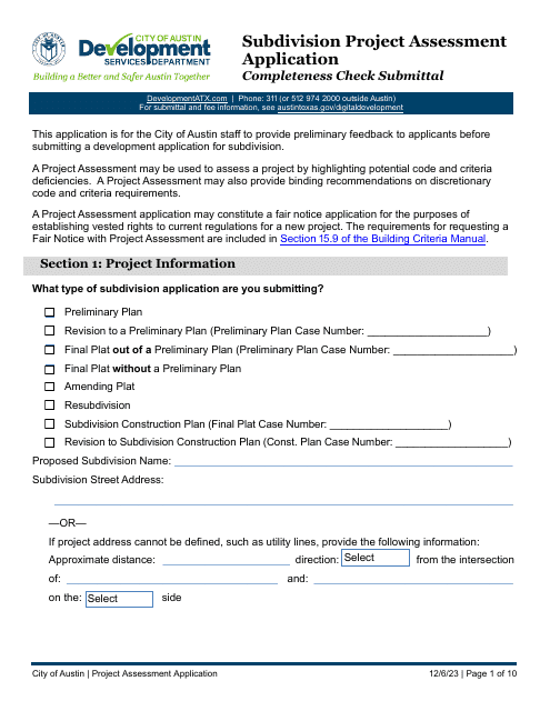 Subdivision Project Assessment Application - Completeness Check Submittal - City of Austin, Texas