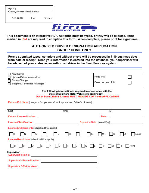 Authorized Driver Designation Application - Group Home Only - Delaware Download Pdf