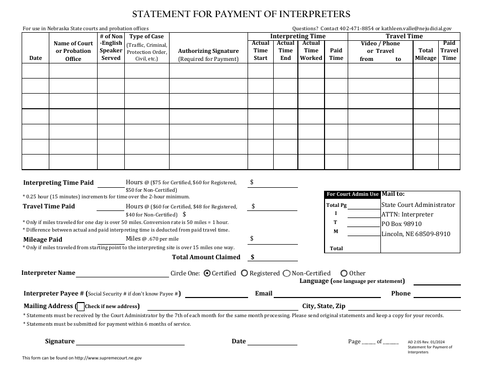 Form AD2:05 Statement for Payment of Interpreters - Nebraska, Page 1