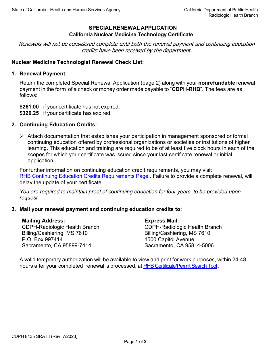 Form CDPH8435 SRA III Special Renewal Application - California Nuclear Medicine Technology Certificate - California, Page 1