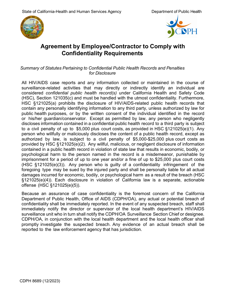 Form CDPH8689 Agreement by Employee / Contractor to Comply With Confidentiality Requirements - California, Page 1