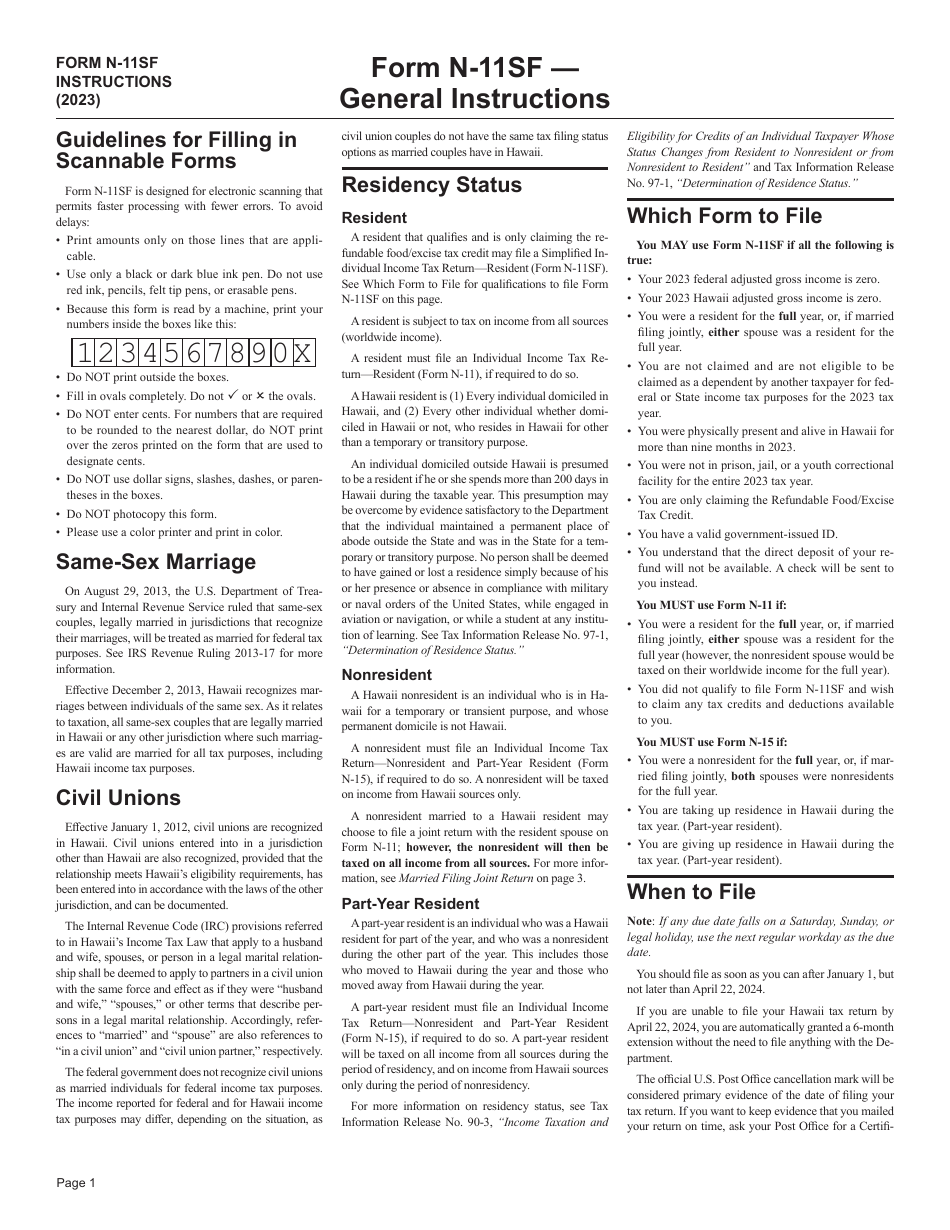 Instructions for Form N-11SF Simplified Individual Income Tax Return - Resident - Hawaii, Page 1