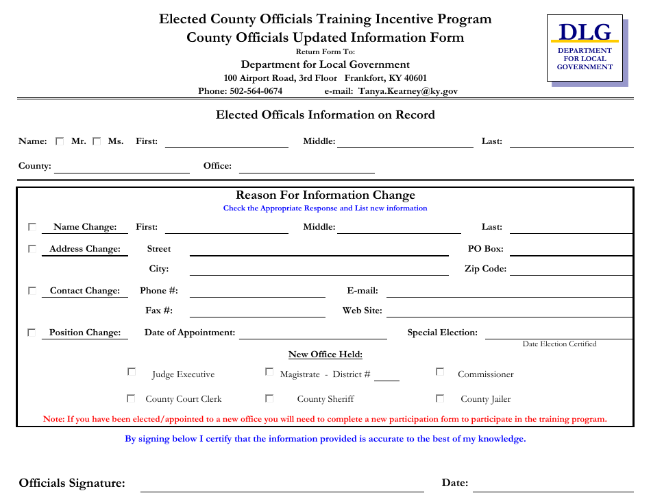 County Officials Updated Information Form - Elected County Officials Training Incentive Program - Kentucky, Page 1