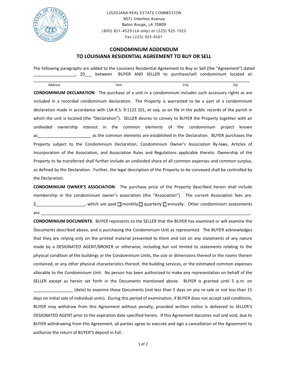 Condominium Addendum to Louisiana Residential Agreement to Buy or Sell - Louisiana, Page 1