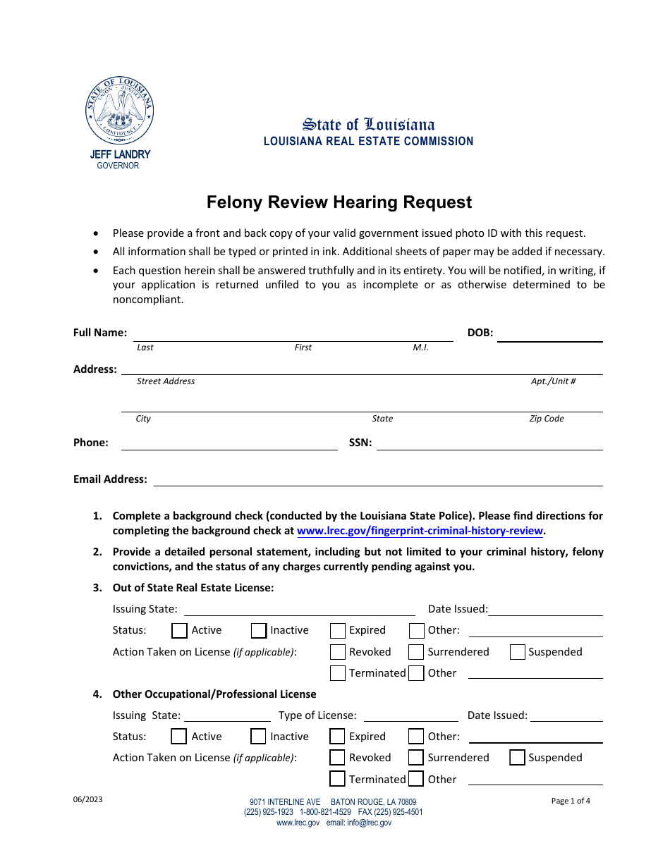 Louisiana Felony Review Hearing Request - Fill Out, Sign Online and ...