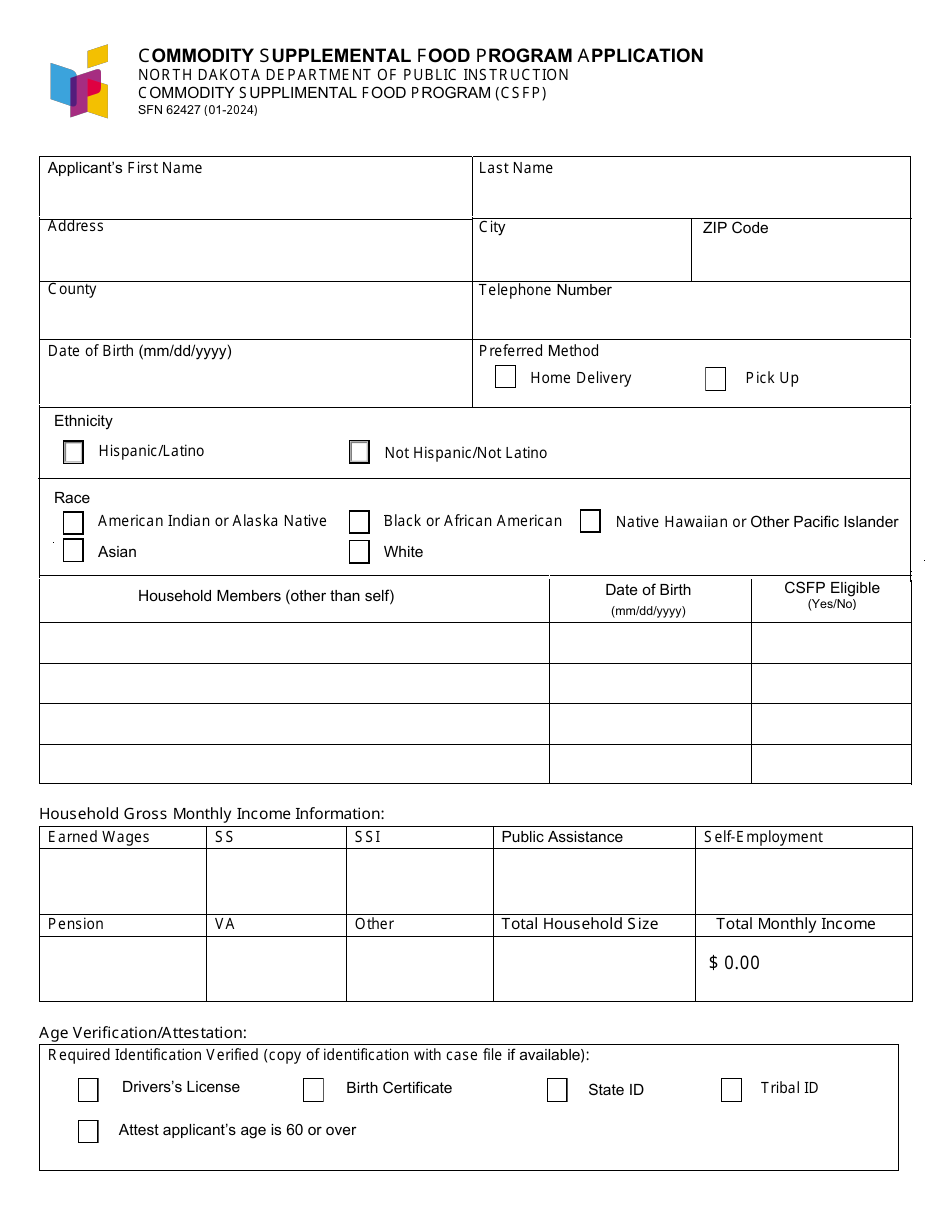 Form SFN62427 Commodity Supplemental Food Program Application - North Dakota, Page 1