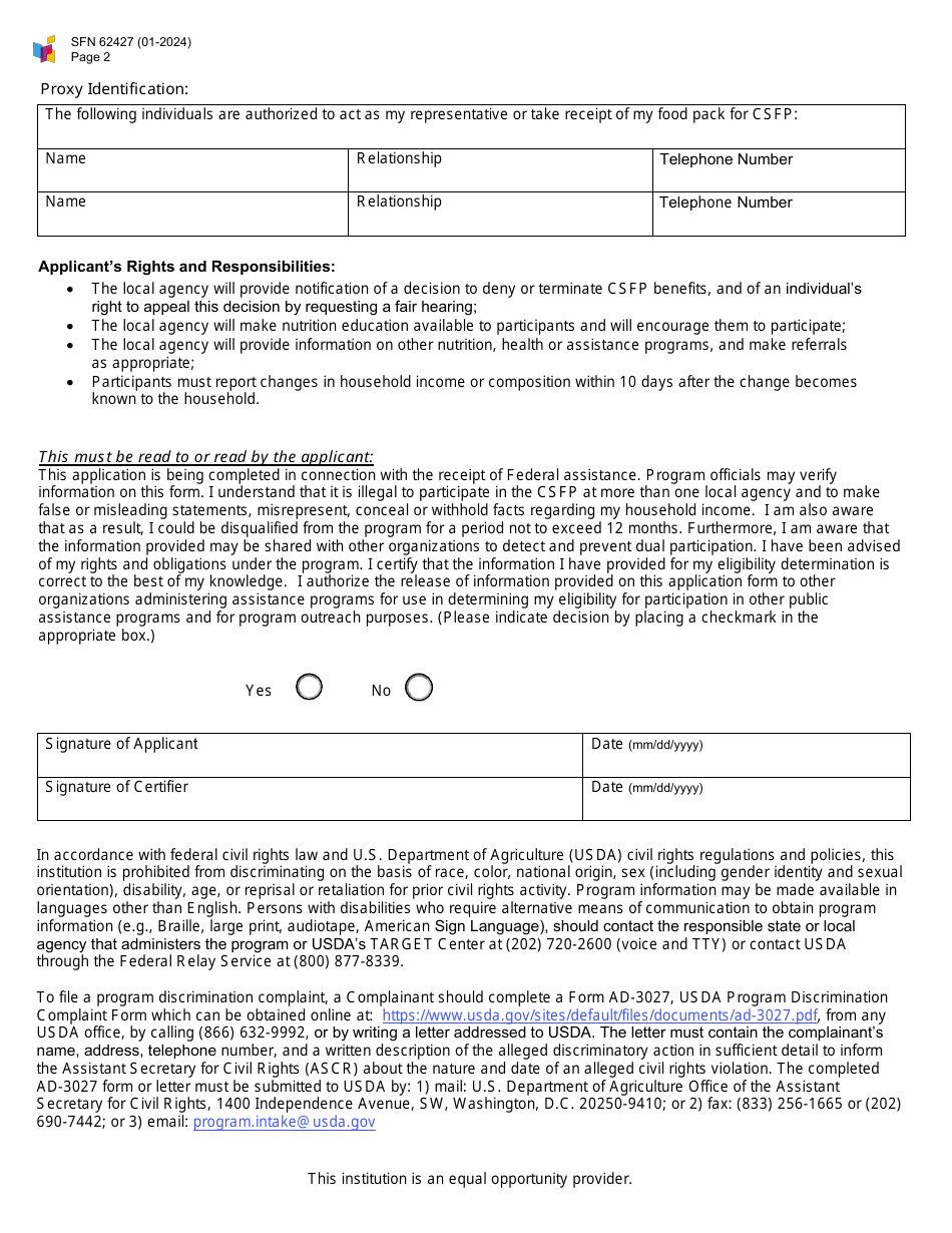 Form SFN62427 Commodity Supplemental Food Program Application - North Dakota, Page 2