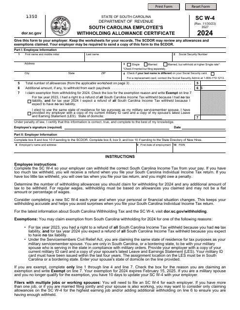 Form SC W-4 South Carolina Employee's Withholding Allowance Certificate - South Carolina, 2024
