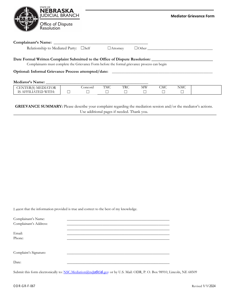 Form ODR-GR-F-067 Mediator Grievance Form - Nebraska, Page 1