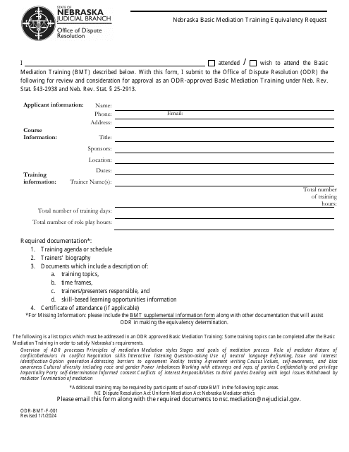 Form ODR-BMT-F-001 Nebraska Basic Mediation Training Equivalency Request - Nebraska